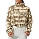 QINSEN Women's Full Zip Fleece Short Jacket Warm Winter Long Sleeve Stand Collar Sherpa Crop Coat