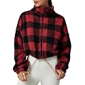 QINSEN Women's Full Zip Fleece Short Jacket Warm Winter Long Sleeve Stand Collar Sherpa Crop Coat