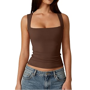 QINSEN Womens Square Neck Sleeveless Double-Layer Tank