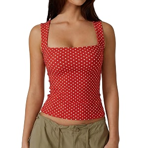 QINSEN Womens Square Neck Sleeveless Double-Layer Tank