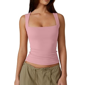 QINSEN Womens Square Neck Sleeveless Double-Layer Tank