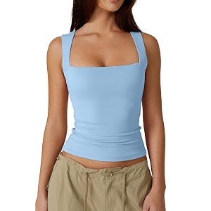QINSEN Womens Square Neck Sleeveless Double-Layer Tank