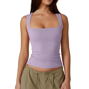QINSEN Womens Square Neck Sleeveless Double-Layer Tank