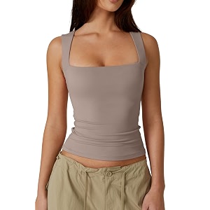 QINSEN Womens Square Neck Sleeveless Double-Layer Tank