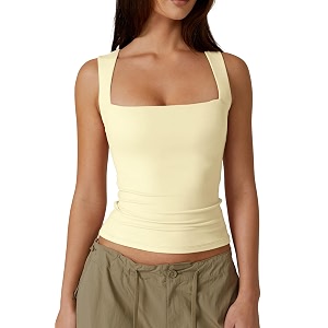 QINSEN Womens Square Neck Sleeveless Double-Layer Tank
