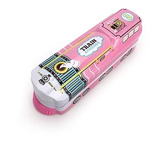qips multi-layer cartoon printed school bus metal pencil box with moving tyres and sharpener for kids pink