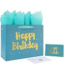 Qirrmiy 13” Large Green Happy Birthday Gift Bag Set with Handles, Greeting Card, Tissue Papers and Stickers for Women Men Boys Girls Kids, Stars Design, 1 Pcs.