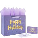 Qirrmiy 13” Large Purple Happy Birthday Gift Bag Set with Handles, Greeting Card, Lavender Tissue Papers and Stickers for Women Girls Kids, Stars Design, 1 Pcs.