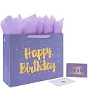 Qirrmiy 16.5” Extra Large Purple Happy Birthday Gift Bag Set with Handles, Greeting Card, Tissue Papers and Stickers for Women Girls Kids, Stars Design, 1 Pcs.