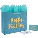 Qirrmiy 16.5” Extra Large Teal Blue Happy Birthday Gift Bag Set with Handles, Green Greeting Card, Tissue Papers and Stickers for Men Boys Women Girls Kids, Stars Design, 1 Pcs.