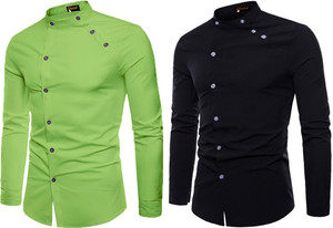 qlonz store men regular fit solid mandarin collar casual shirt pack of 2
