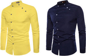 qlonz store men regular fit solid mandarin collar casual shirt pack of 2