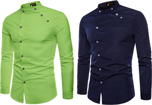 qlonz store men regular fit solid mandarin collar casual shirt pack of 2