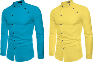 qlonz store men regular fit solid mandarin collar casual shirt pack of 2