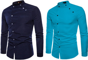 qlonz store men solid casual dark blue blue shirt