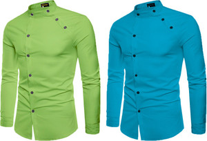 qlonz store men regular fit solid mandarin collar casual shirt pack of 2