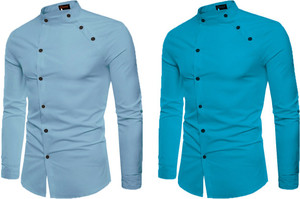 qlonz store men solid casual dark blue light blue shirt
