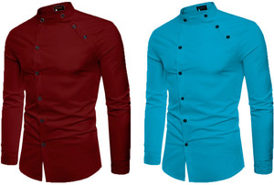 qlonz store men solid casual maroon blue shirt