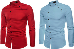 qlonz store men regular fit solid mandarin collar casual shirt pack of 2