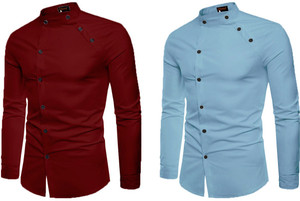 qlonz store men regular fit solid mandarin collar casual shirt pack of 2