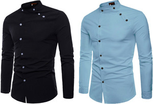 qlonz store men regular fit solid mandarin collar casual shirt pack of 2