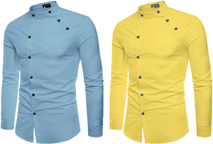 qlonz store men regular fit solid mandarin collar casual shirt pack of 2