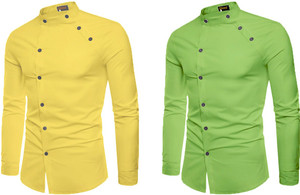 qlonz store men regular fit solid mandarin collar casual shirt pack of 2