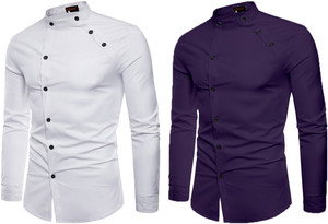 qlonz store men solid casual purple white shirt