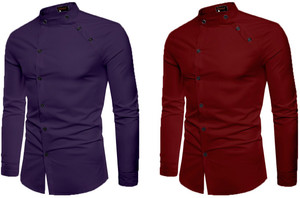 qlonz store men solid casual purple maroon shirt