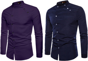 qlonz store men regular fit solid mandarin collar casual shirt pack of 2