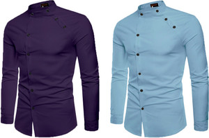 qlonz store men solid casual purple light blue shirt