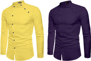 qlonz store men regular fit solid mandarin collar casual shirt pack of 2