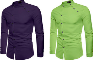 qlonz store men regular fit solid mandarin collar casual shirt pack of 2