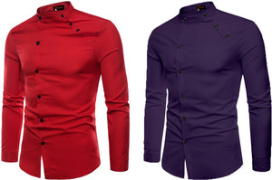 qlonz store men solid casual purple red shirt