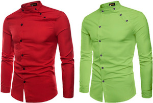 qlonz store men regular fit solid mandarin collar casual shirt pack of 2