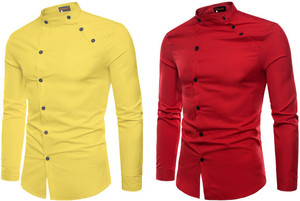qlonz store men regular fit solid mandarin collar casual shirt pack of 2