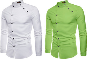 qlonz store men regular fit solid mandarin collar casual shirt pack of 2