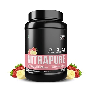 qnt nitrapure blend of whey isolate amp concentrate  1kg strawberry banana  enriched with ashwagandha ginseng amp tribulus  best whey protein for muscle gain  28g protein 3g creatine per scoop