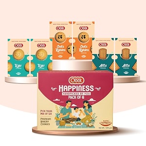qoot premium happiness cookies gift hamper  6 packs 1200g  2 each of cashew oats raisin amp baked atta cookies  fresh-baked rich amp flavorful  perfect festive amp corporate gift box for family amp friends  ideal for tea-time amp breakfast snacking