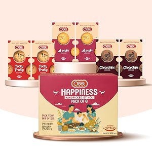 qoot premium happiness cookies gift hamper  6 packs 1200g  2 each of tooty fruity choco chips amp ajwain cookies fresh-baked rich amp flavorful  perfect festive amp corporate gift box for family amp friends  ideal for tea-time amp breakfast snacking
