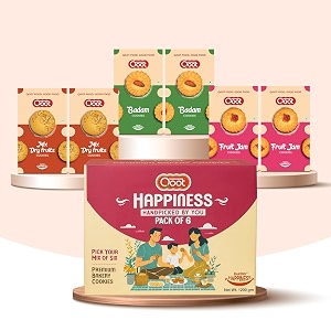 qoot premium happiness cookies gift hamper  6 packs 1200g  2 each of fruit jam mix dry fruit amp badam cookies  fresh-baked rich amp flavorful  perfect festive amp corporate gift box for family amp friends  ideal for tea-time amp breakfast snacking