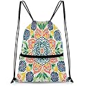 QsirBC Colorful Floral Mandala Drawstring Bag for Men &amp; Women, Gym Sports Backpack with Zipper Pocket, Lightweight String Sackpack for Travel, Running, Hiking, Workout