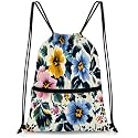QsirBC Colorful Floral Print Drawstring Bag for Men &amp; Women, Gym Sports Backpack with Zipper Pocket, Lightweight String Sackpack for Travel, Running, Hiking, Workout