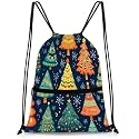 QsirBC Colorful Xmas Trees Drawstring Bag for Men &amp; Women, Gym Sports Backpack with Zipper Pocket, Lightweight String Sackpack for Travel, Running, Hiking, Workout
