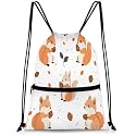 QsirBC Cute Squirrels With Nuts Drawstring Bag for Men &amp; Women, Gym Sports Backpack with Zipper Pocket, Lightweight String Sackpack for Travel, Running, Hiking, Workout