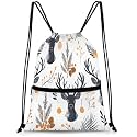 QsirBC Deer And Winter Foliage Drawstring Bag for Men &amp; Women, Gym Sports Backpack with Zipper Pocket, Lightweight String Sackpack for Travel, Running, Hiking, Workout