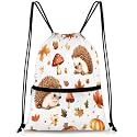QsirBC Fall Hedgehog Fun Drawstring Bag for Men &amp; Women, Gym Sports Backpack with Zipper Pocket, Lightweight String Sackpack for Travel, Running, Hiking, Workout
