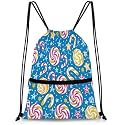 QsirBC Festive Candies Mix Drawstring Bag for Men &amp; Women, Gym Sports Backpack with Zipper Pocket, Lightweight String Sackpack for Travel, Running, Hiking, Workout