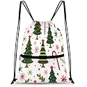 QsirBC Festive Christmas Tree Pattern Drawstring Bag for Men &amp; Women, Gym Sports Backpack with Zipper Pocket, Lightweight String Sackpack for Travel, Running, Hiking, Workout
