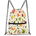 QsirBC Fresh Fruits Veggies Drawstring Bag for Men &amp; Women, Gym Sports Backpack with Zipper Pocket, Lightweight String Sackpack for Travel, Running, Hiking, Workout